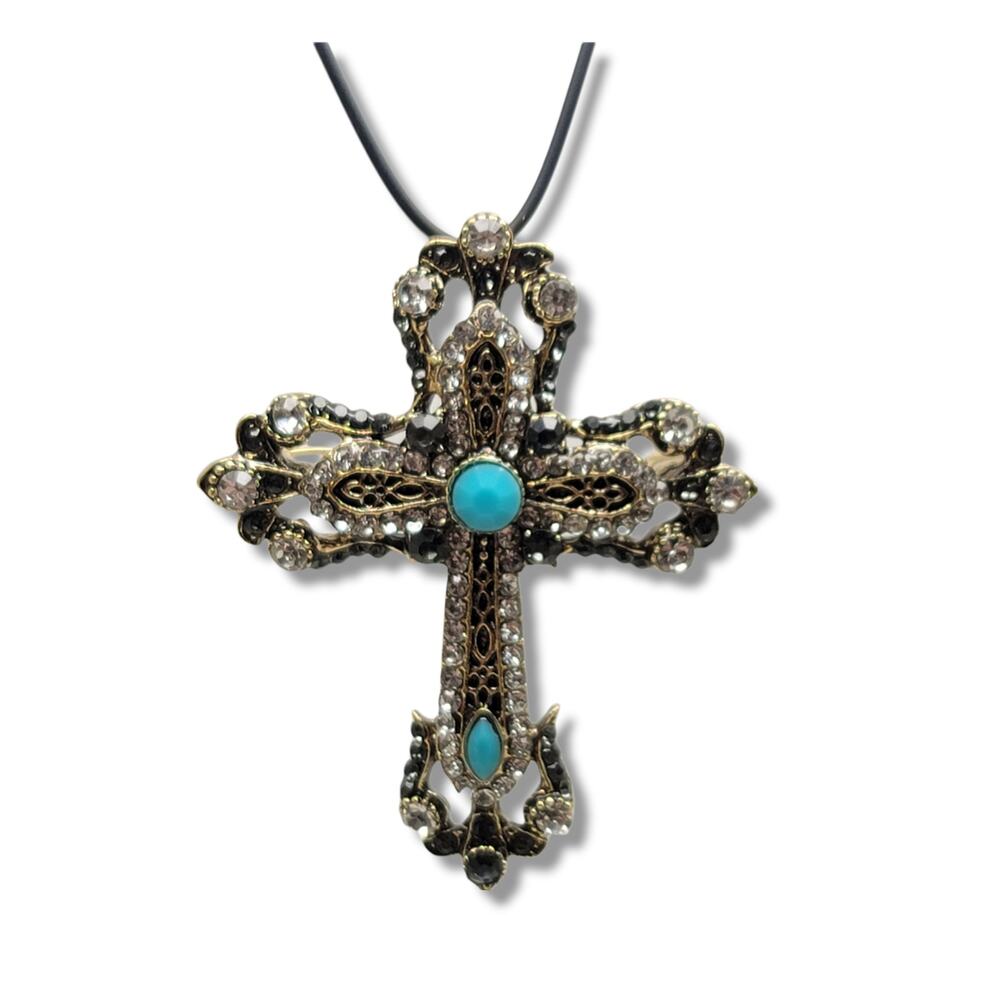 Gold tone multicolor Crystal Cross Brooch Pendant